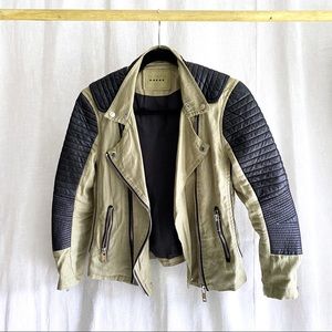 Military Green Black Leather Moto Jacket